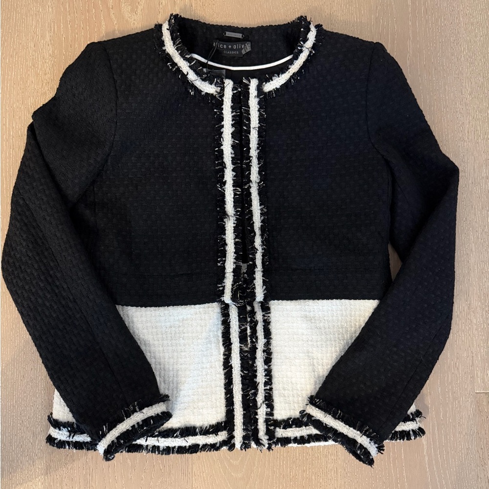 Alice + Olivia KIDMAN TWO-FER TWEED JACKET Black and White Size XS NWT - Picture 4 of 9